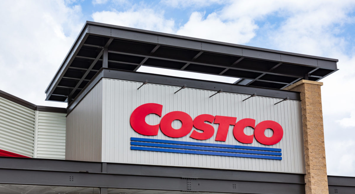 Mooresville, NC, USA-June 19, 2019: The COSTCO logo on the front exterior of a local store.